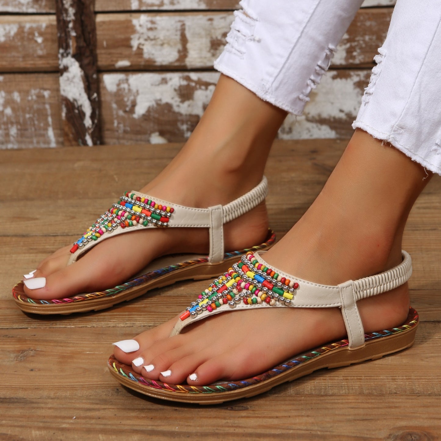 Beaded PU Leather Open Toe Sandals - Smart Shopper