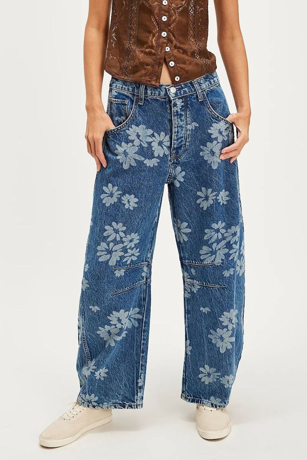 Flower Print Wide Leg Jeans - Smart Shopper