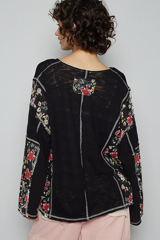 POL Floral Stud Detail Star Patch Notched Long Sleeve T-Shirt - Smart Shopper