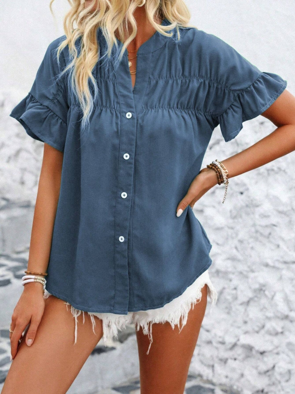 Button Down Ruffled Short Sleeve Shirt - Smart Shopper