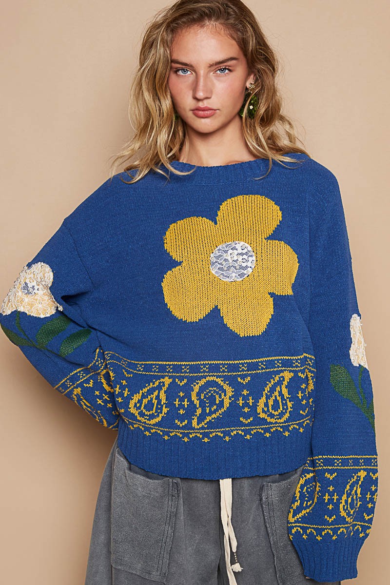 POL Flower Lace Patch Long Sleeve Sweater - Smart Shopper