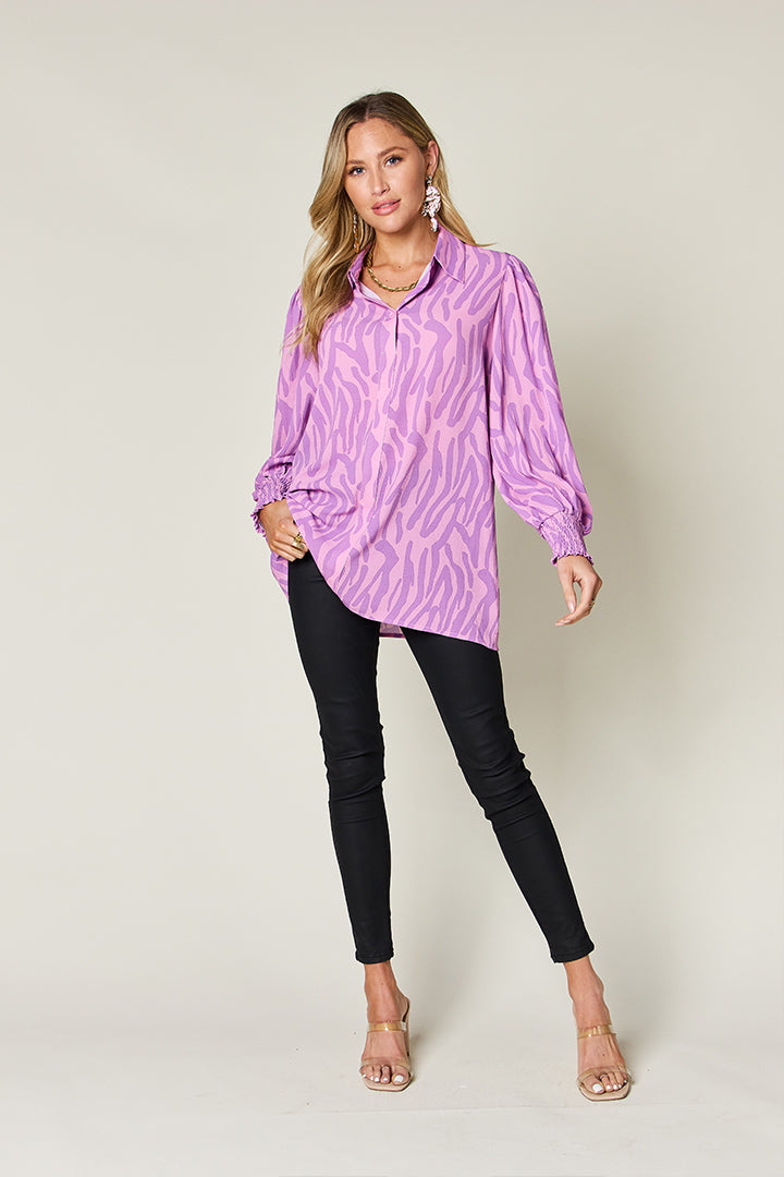 Double Take Full Size Printed Smocked Long Sleeve Blouse - Smart Shopper