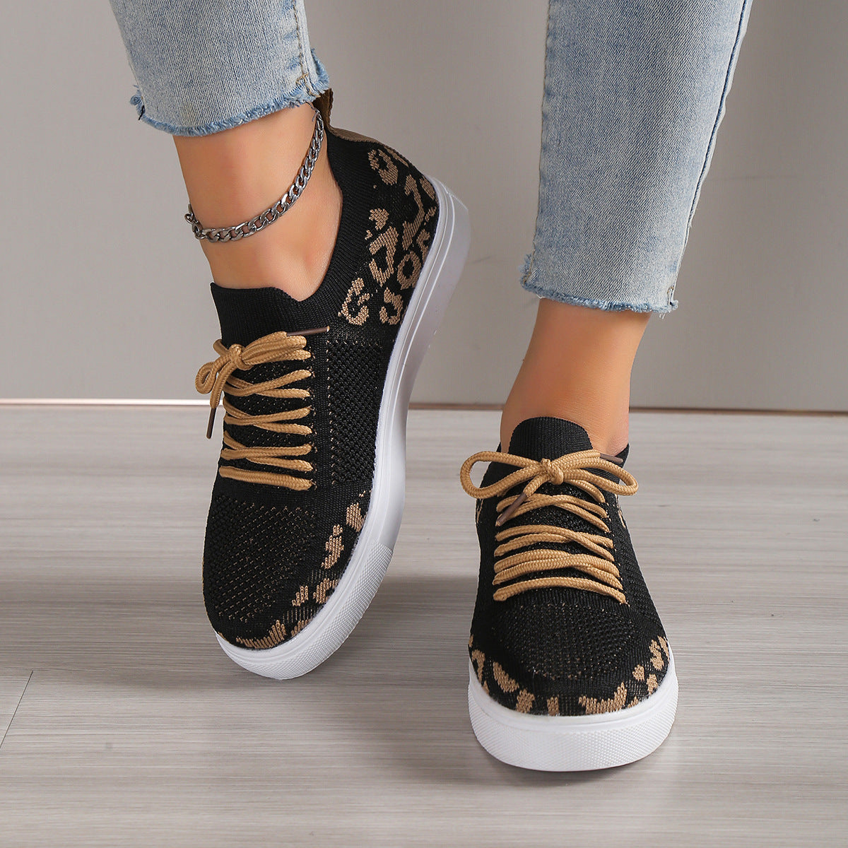 Lace-Up Leopard Flat Sneakers - Smart Shopper