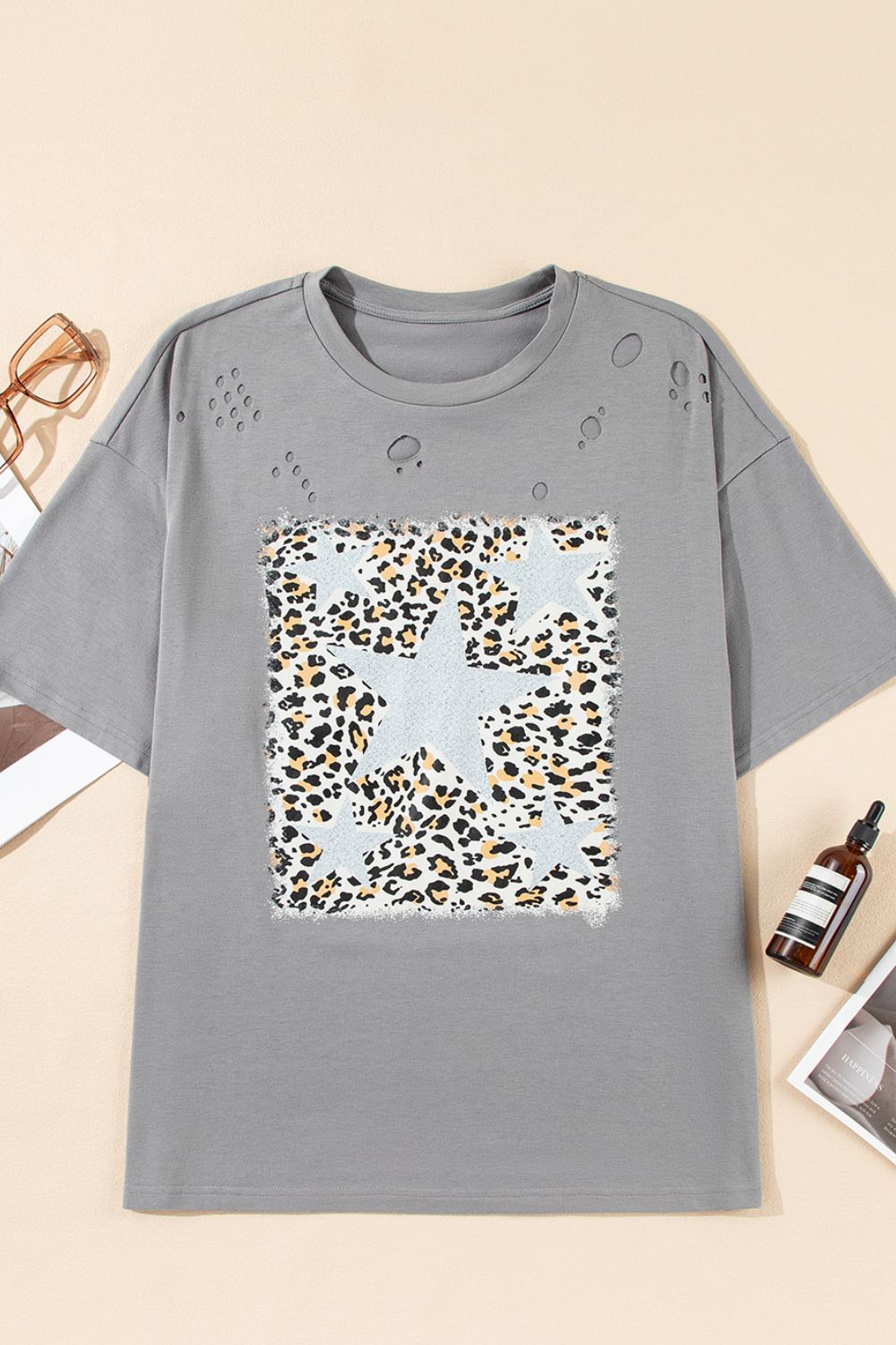 Stars Leopard Graphic Distressed T-Shirt - Smart Shopper