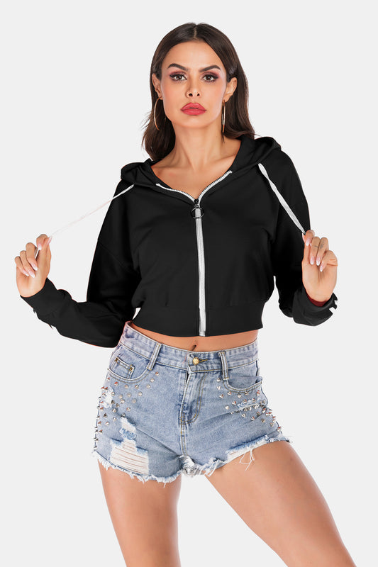 Perfee Side Stripe Drawstring Cropped Hooded Jacket - Smart Shopper