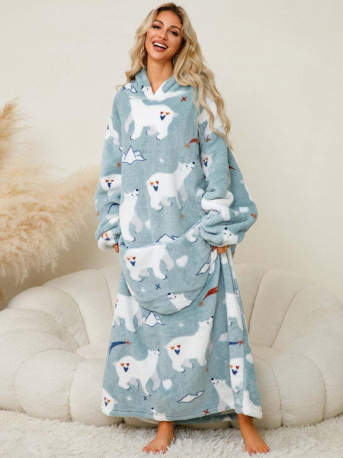 Fuzzy Pocketed Long Sleeve Hooded Lounge Dress - Smart Shopper