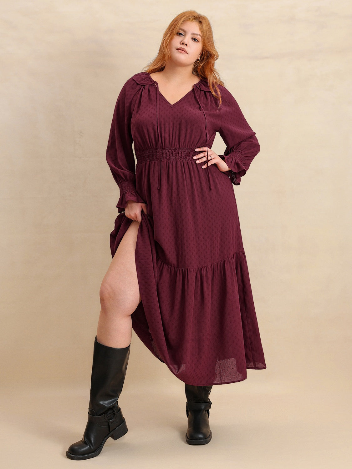 Plus Size Swiss Dot Tie Neck Flounce Sleeve Maxi Dress - Smart Shopper