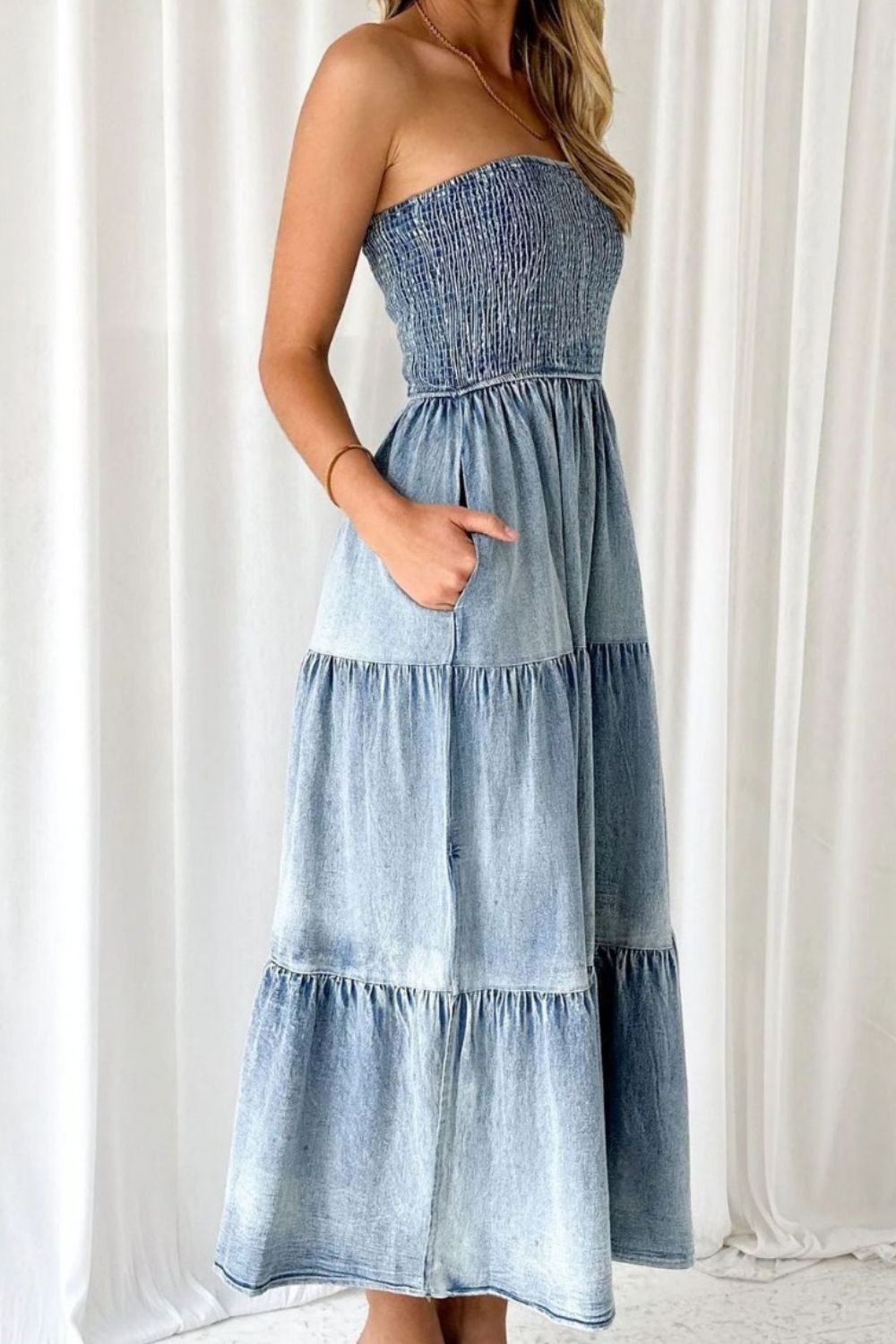 Smocked Tube Slit Tiered Denim Dress - Smart Shopper