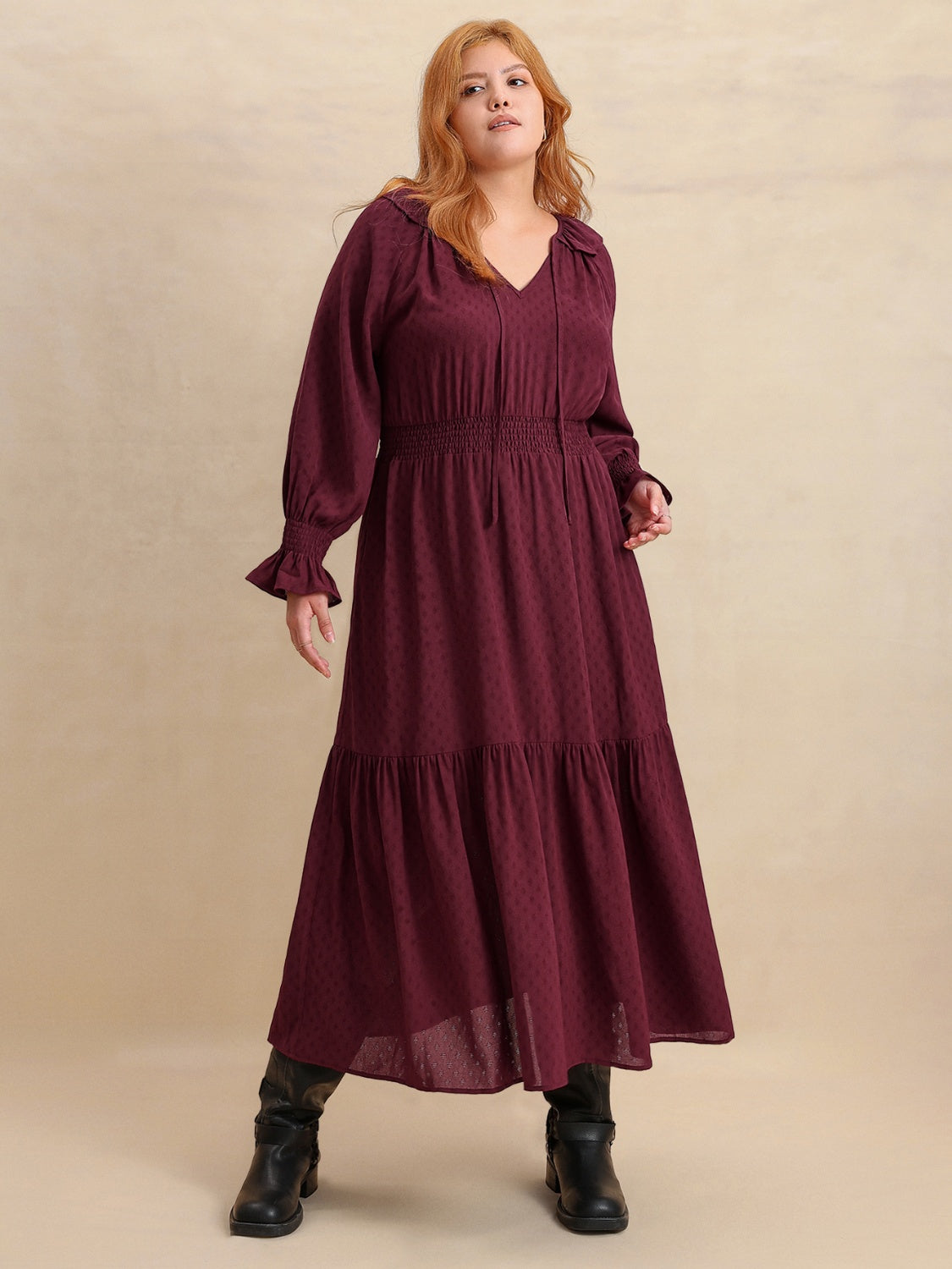 Plus Size Swiss Dot Tie Neck Flounce Sleeve Maxi Dress - Smart Shopper