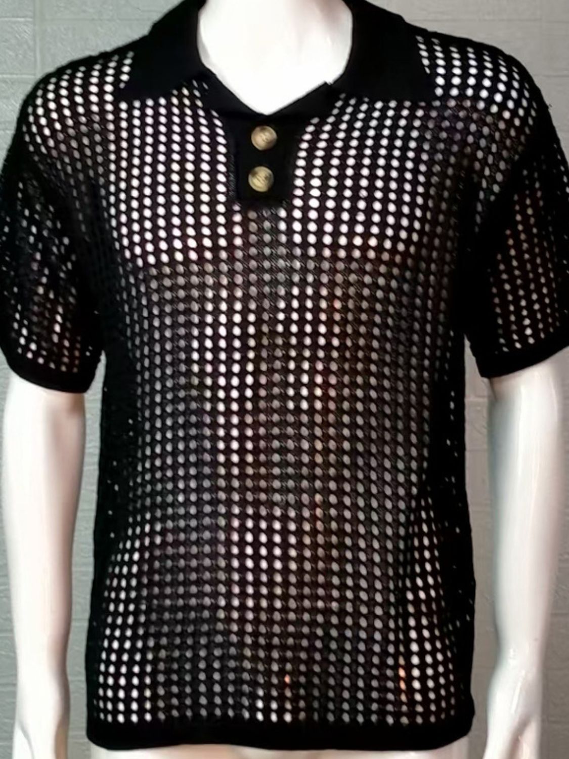 Men's Plus Size Openwork Collared Neck Quarter Button Knit Polo - Smart Shopper