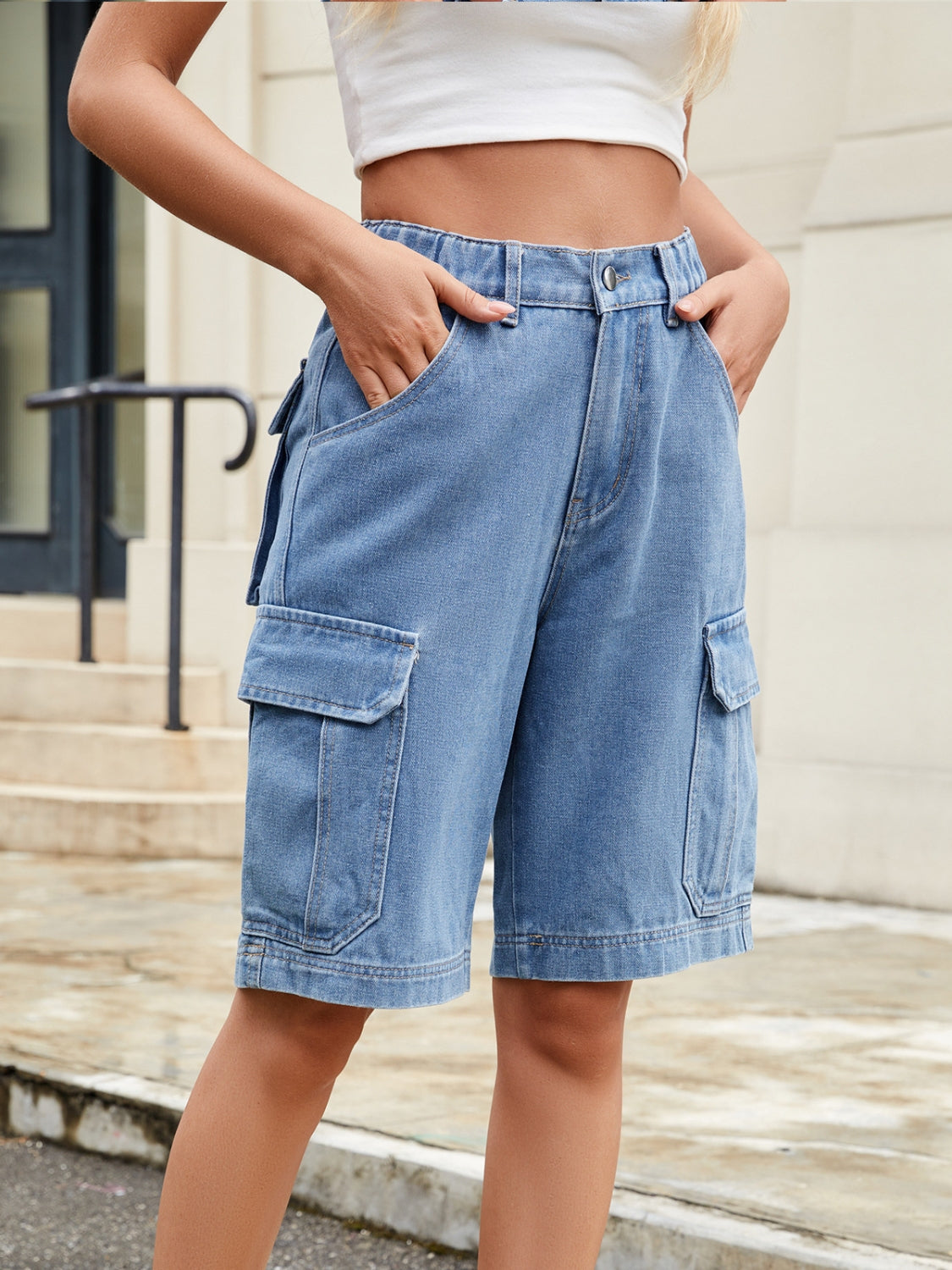 High Waist Denim Shorts with Pockets - Smart Shopper