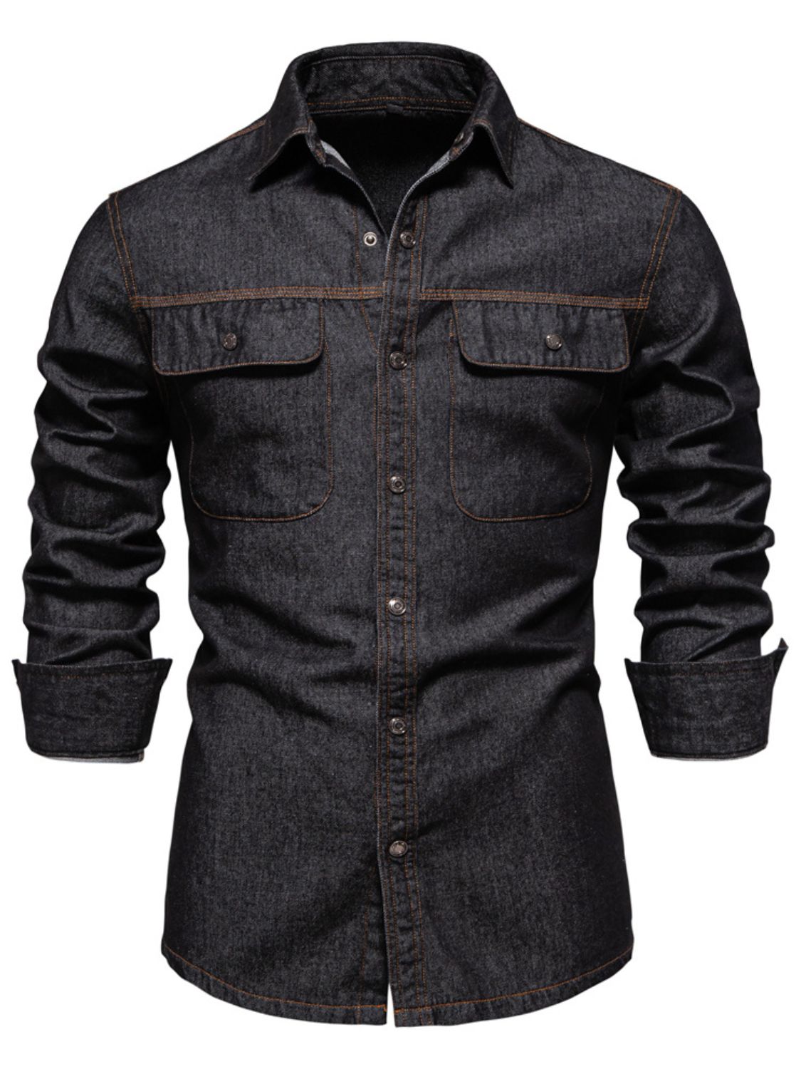 Men's Collared Neck Denim Shirt with Chest Pockets - Smart Shopper