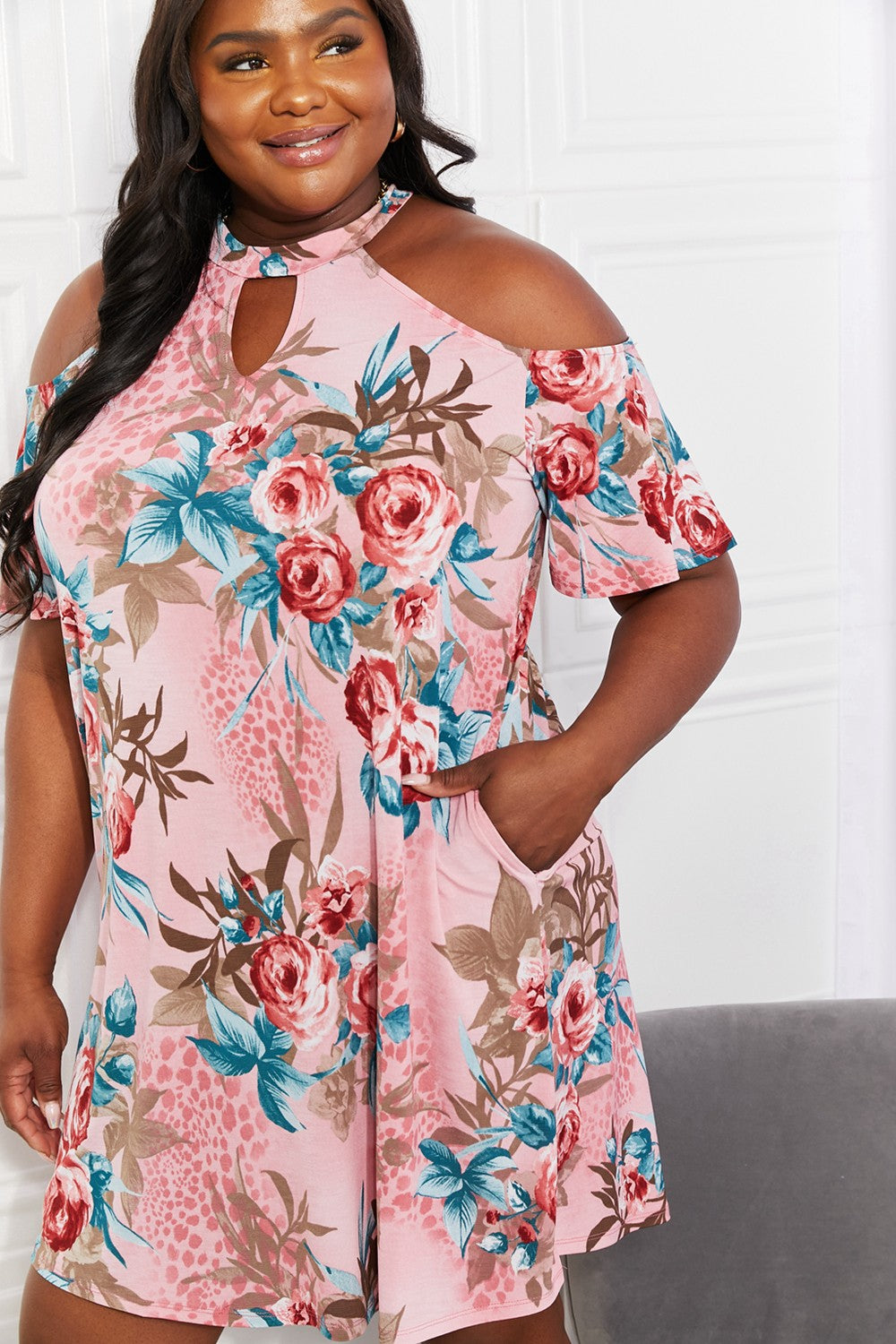 Sew In Love Full Size Fresh-Cut Flowers Cold-Shoulder Dress - Smart Shopper