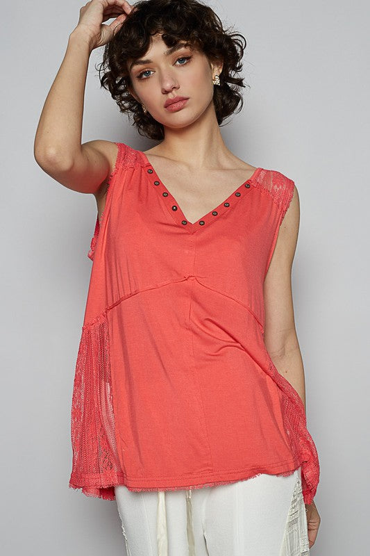 POL Lace Detail Studded Crisscross Back V-Neck Sleeveless Top - Smart Shopper