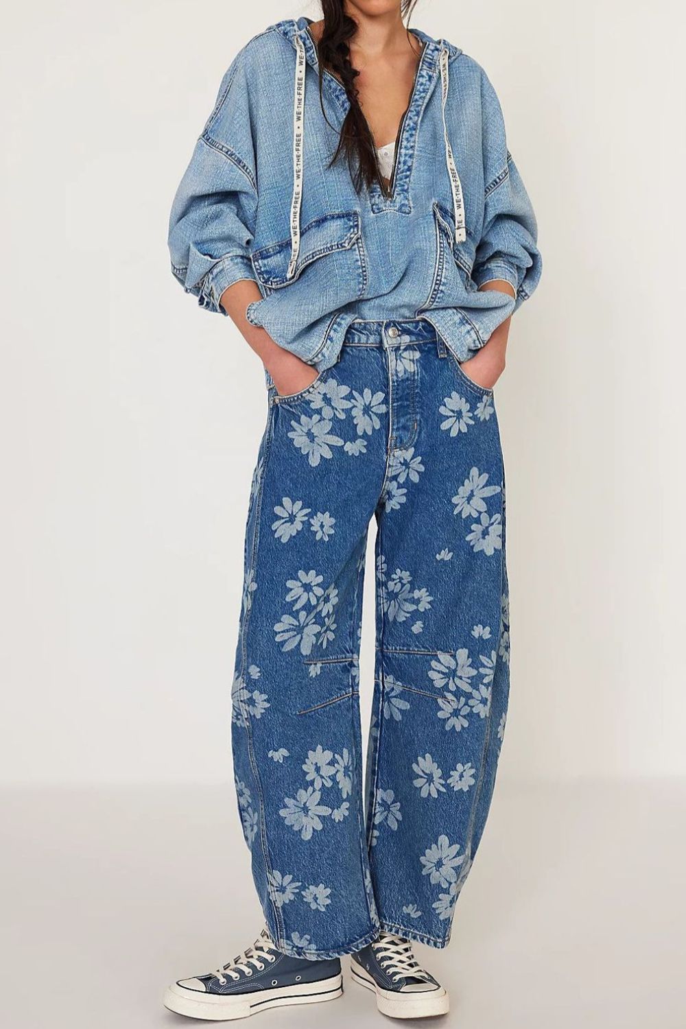 Flower Print Wide Leg Jeans - Smart Shopper