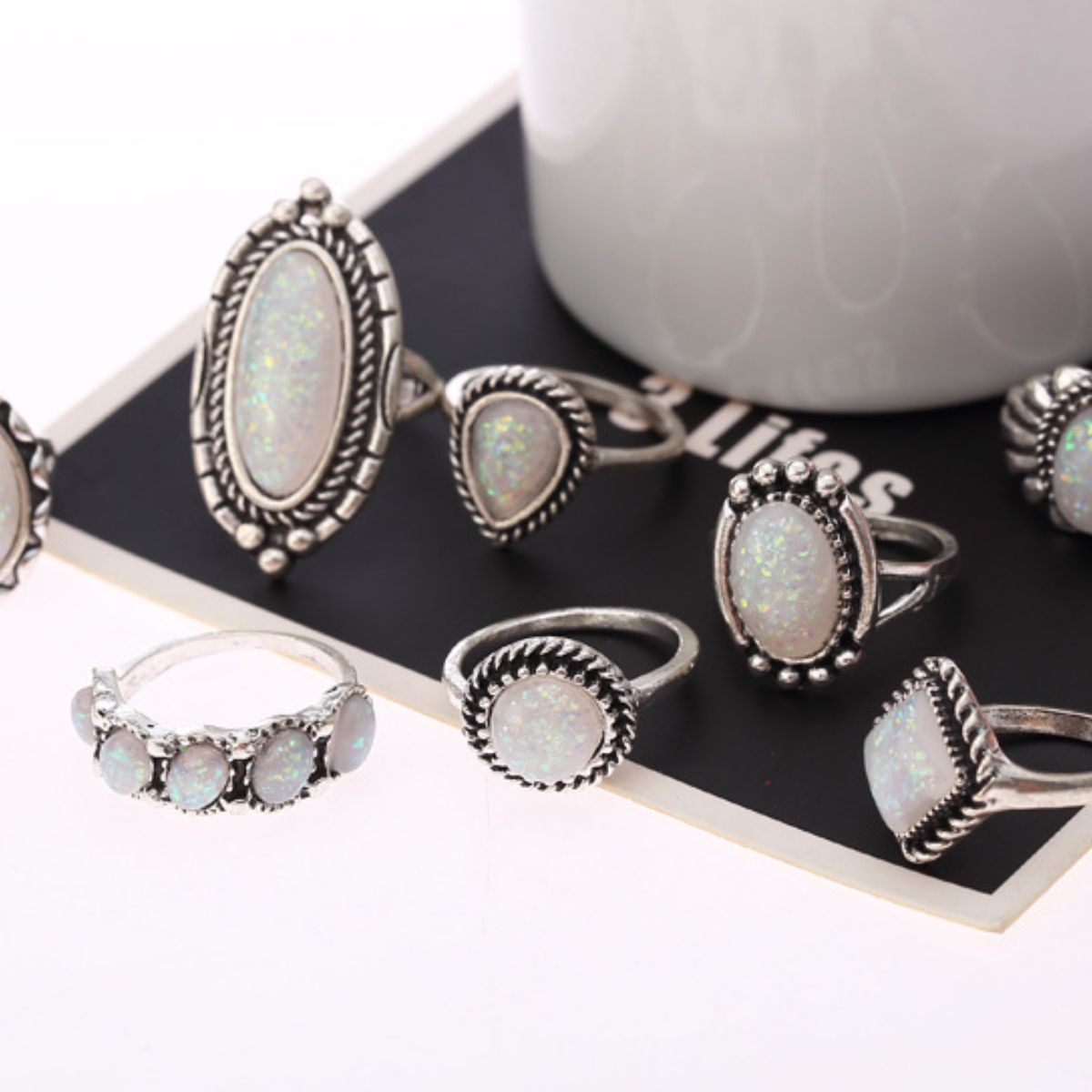 Opal Alloy Geometric Ring 8-Piece Set - Smart Shopper