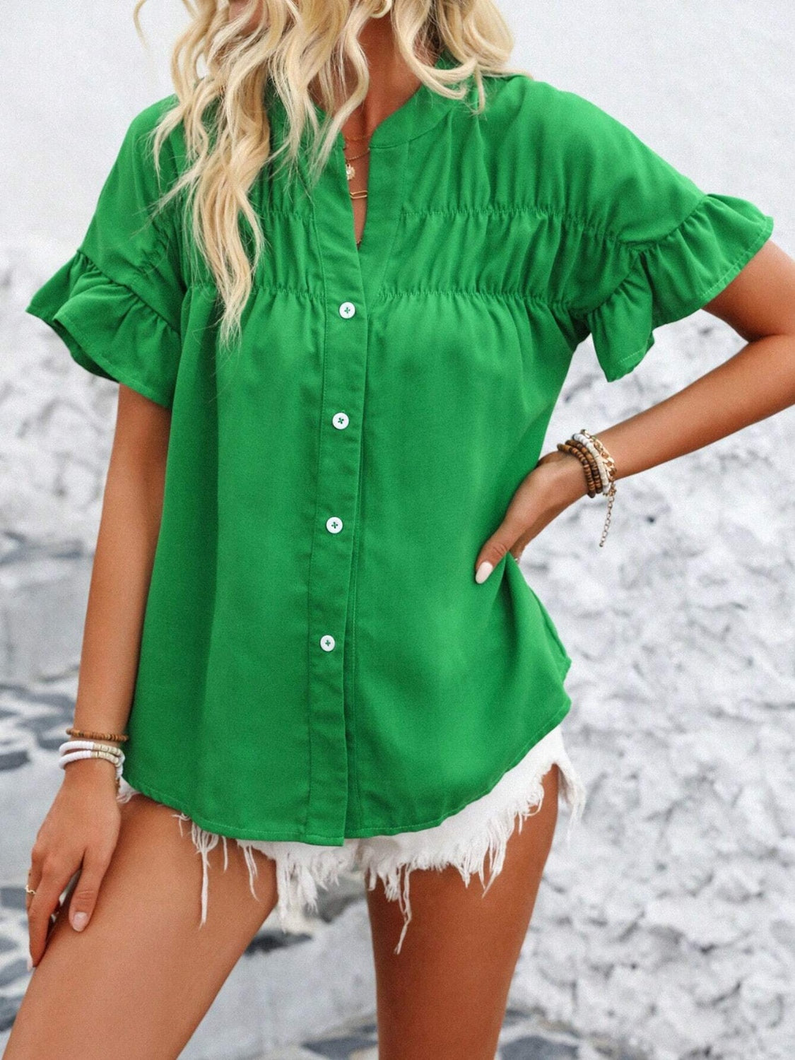 Button Down Ruffled Short Sleeve Shirt - Smart Shopper