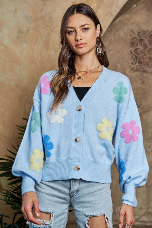 ADORA Flower Button Down Lantern Sleeve Cardigan - Smart Shopper