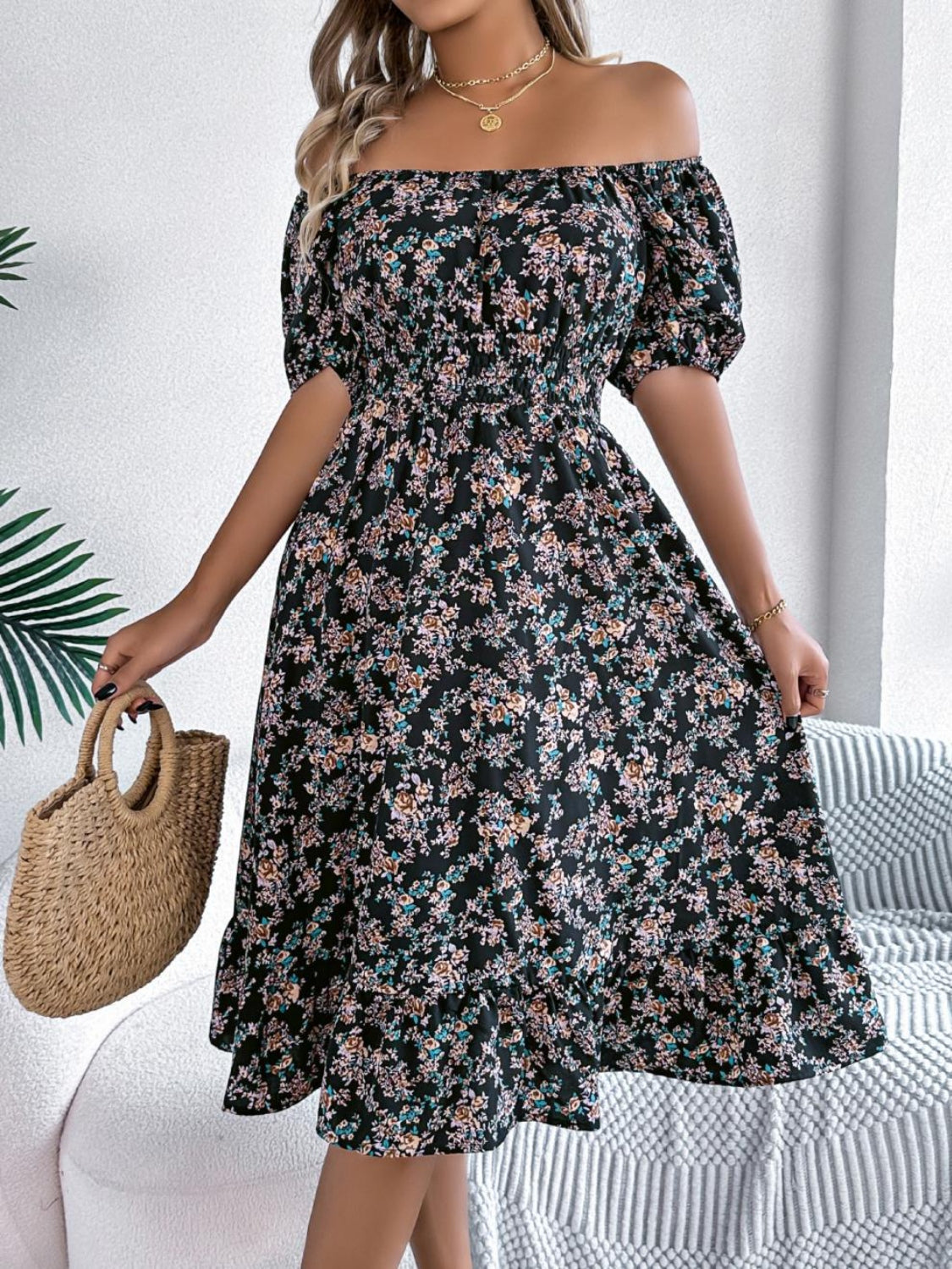 Ruffled Hem Smocked Printed Puff Sleeve Dress - Smart Shopper