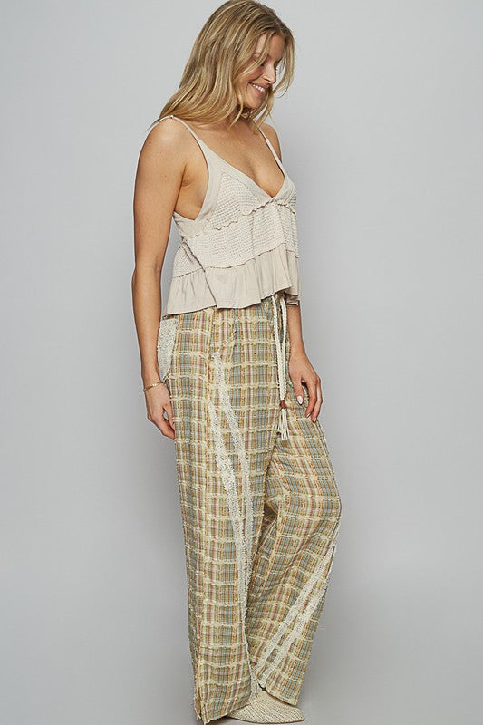 POL Lace Trim Drawstring Checkered Wide Leg Pants - Smart Shopper