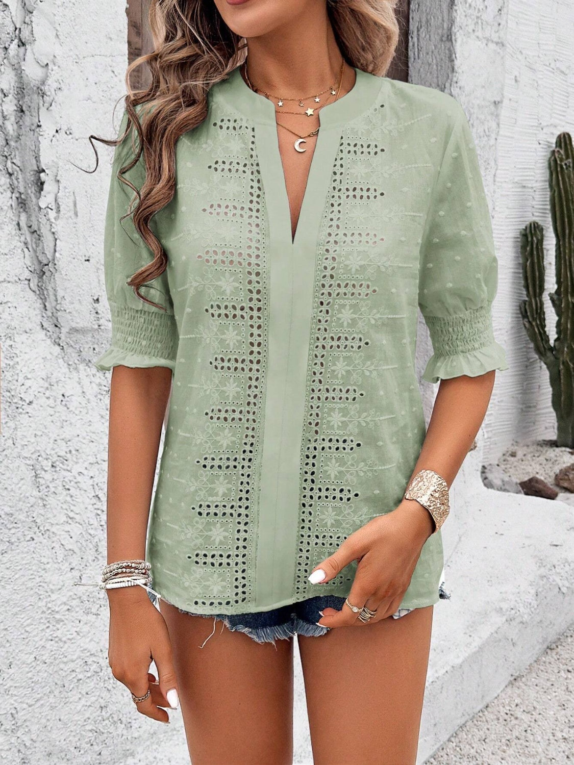 Eyelet Notched Flounce Sleeve Blouse - Smart Shopper