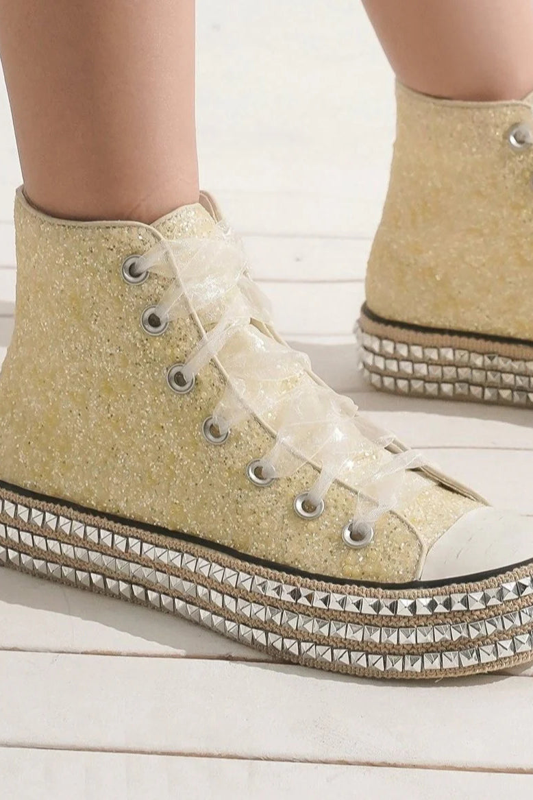 Beast Fashion Glitter Lace-Up Studded Platform Sneakers - Smart Shopper