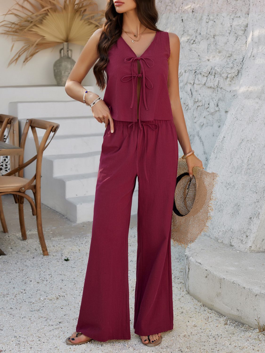 Devine Tied V-Neck Sleeveless Top and Pants Set - Smart Shopper