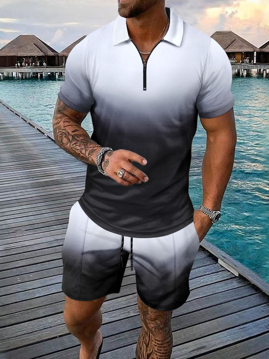 Men's Full Size Gradient Collared Neck Top and Shorts Set Plus Size - Smart Shopper