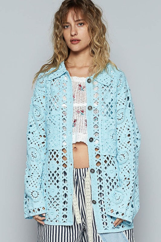 POL Crochet Button Up Cardigan with Chest Patch Pockets - Smart Shopper