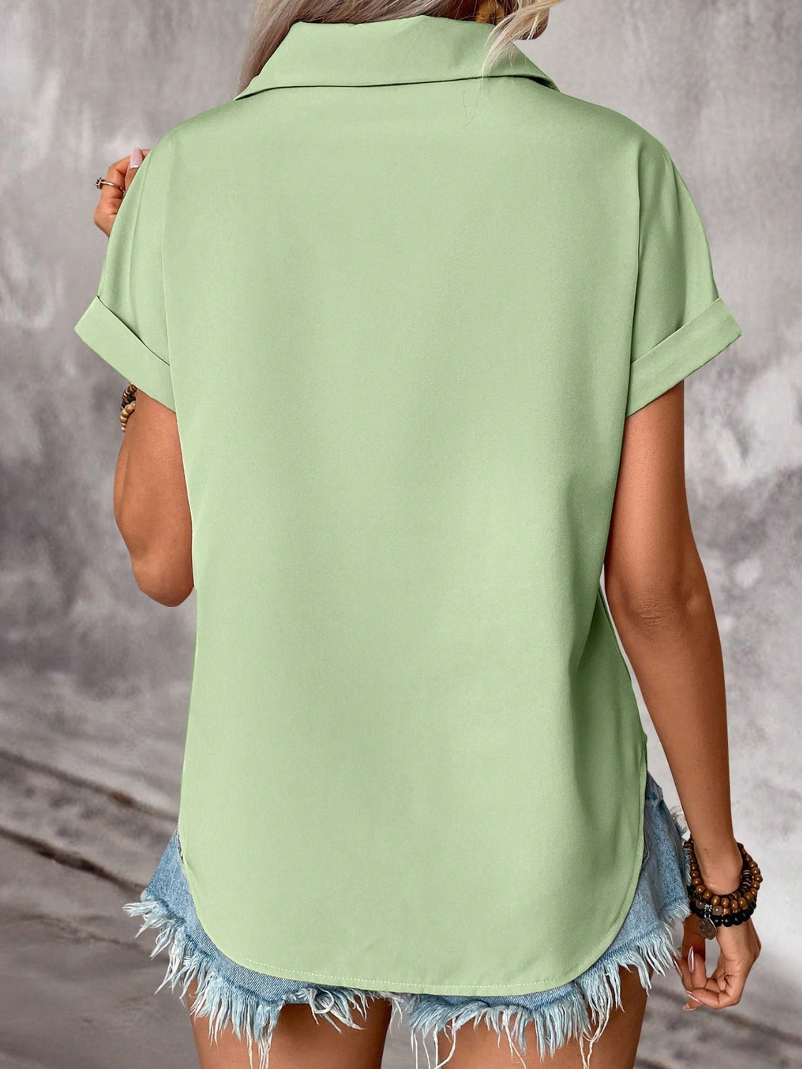 Pleated Detail Collared Neck Short Sleeve Shirt - Smart Shopper