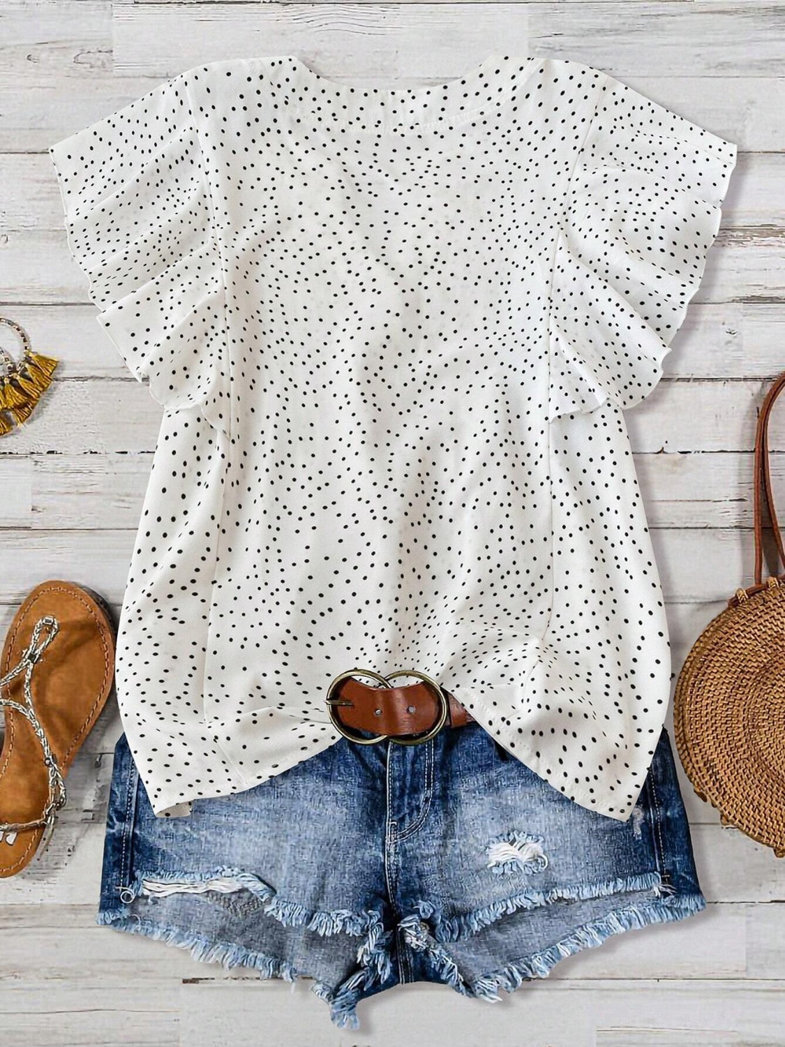 Polka Dot Notched Ruffled Cap Sleeve Blouse - Smart Shopper