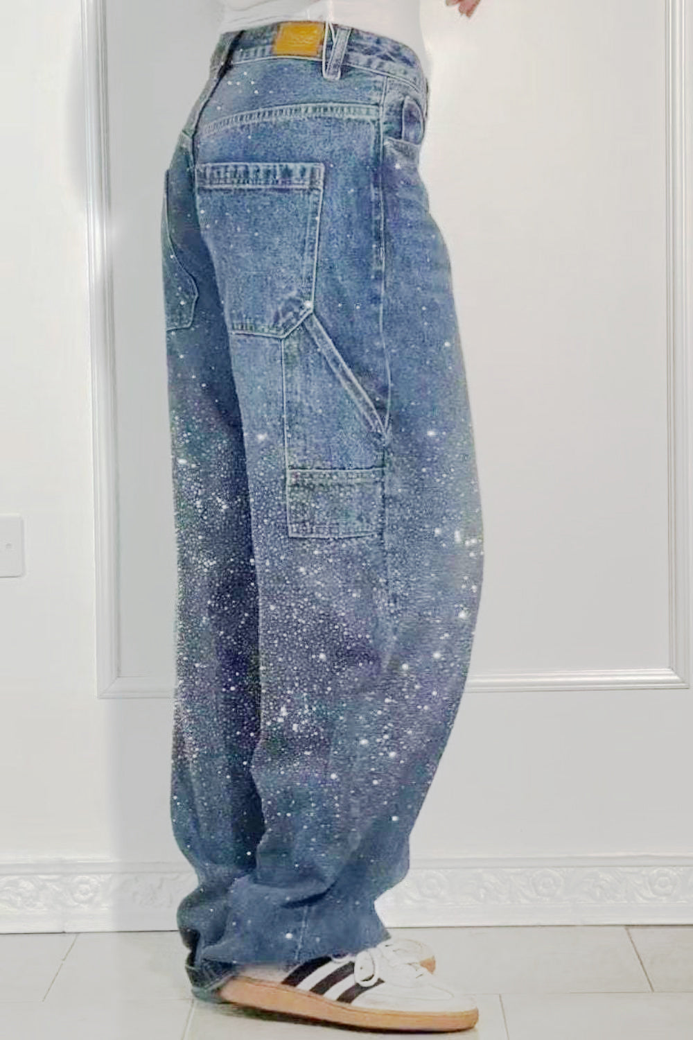 Full Size Washed Rhinestone Detail Wide leg Jeans Plus Size - Smart Shopper