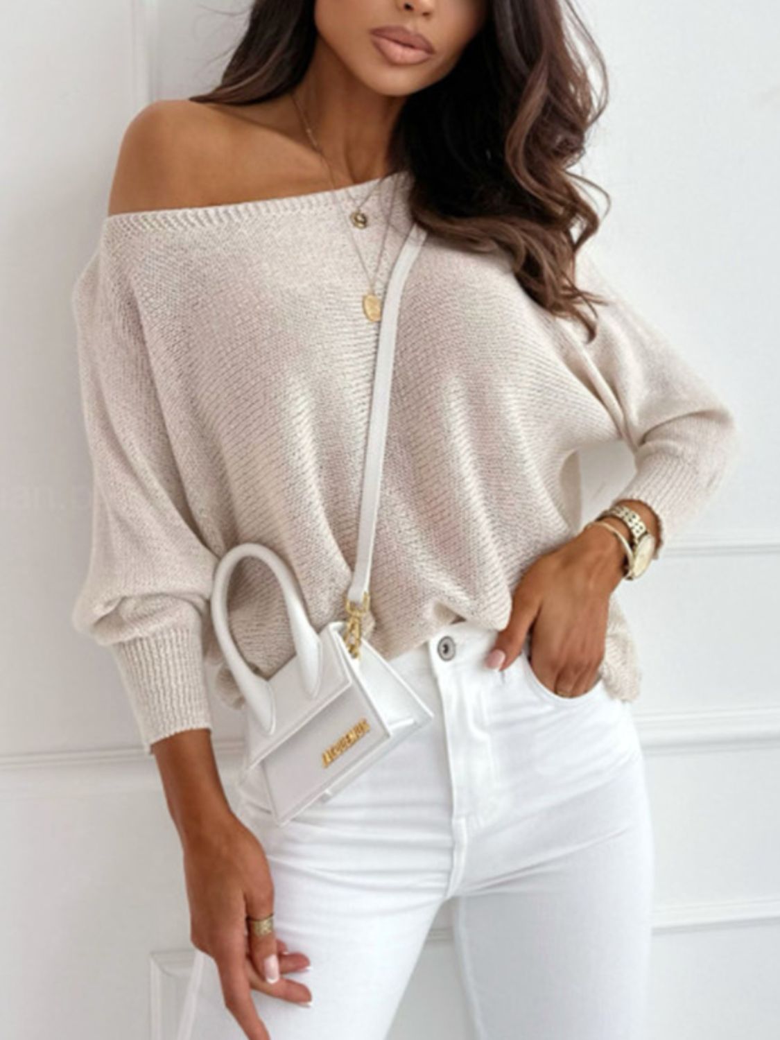 Bow Back Boat Neck Batwing Sleeve Sweater - Smart Shopper