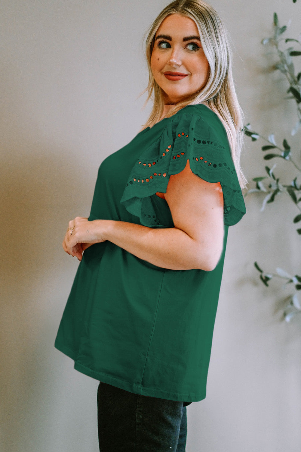 Plus Size Eyelet Round Neck Short Sleeve Blouse - Smart Shopper