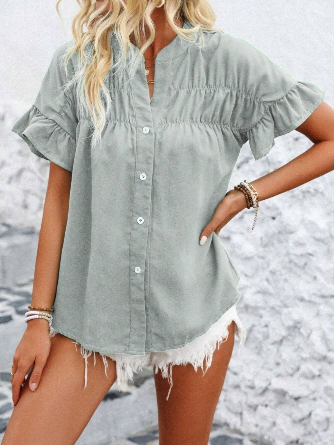 Button Down Ruffled Short Sleeve Shirt - Smart Shopper