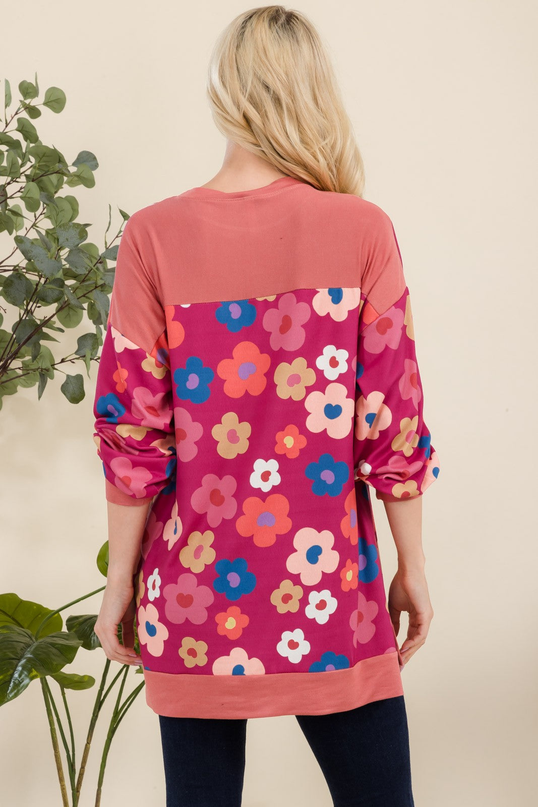 Celeste Full Size Side Slit Flower Print Long Sleeve Top - Smart Shopper