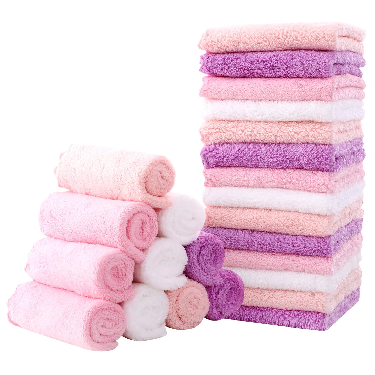 MOON PARK Baby Washcloths 24 Pack - 8x8 Inches Small Burp Cloths and Baby Wipes for Girl (White+Pink+Purple+Frozen Berry) - Smart Shopper