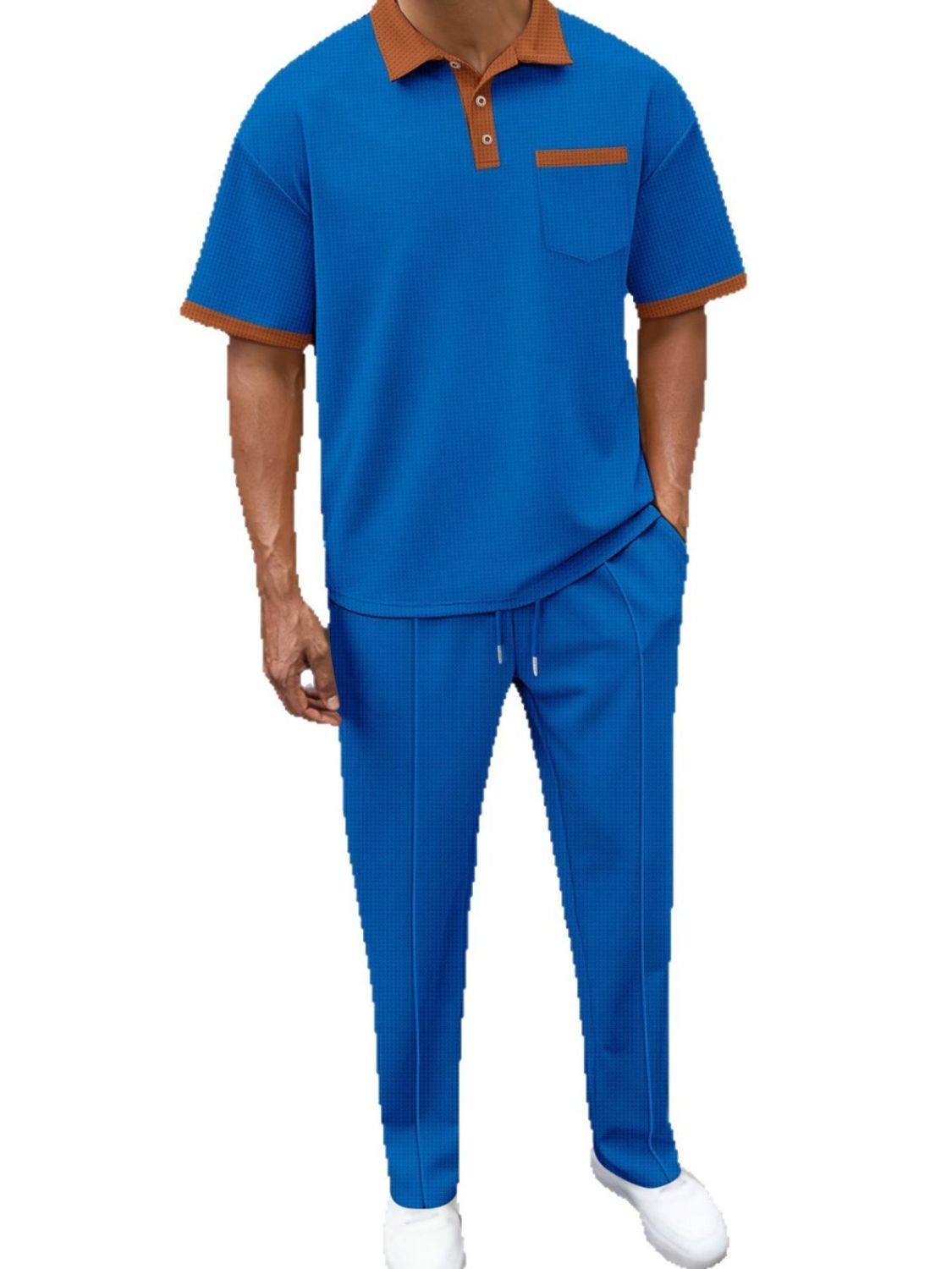 Men's Full Size Waffle-Knit Contrast Polo and Pants Set Plus Size - Smart Shopper