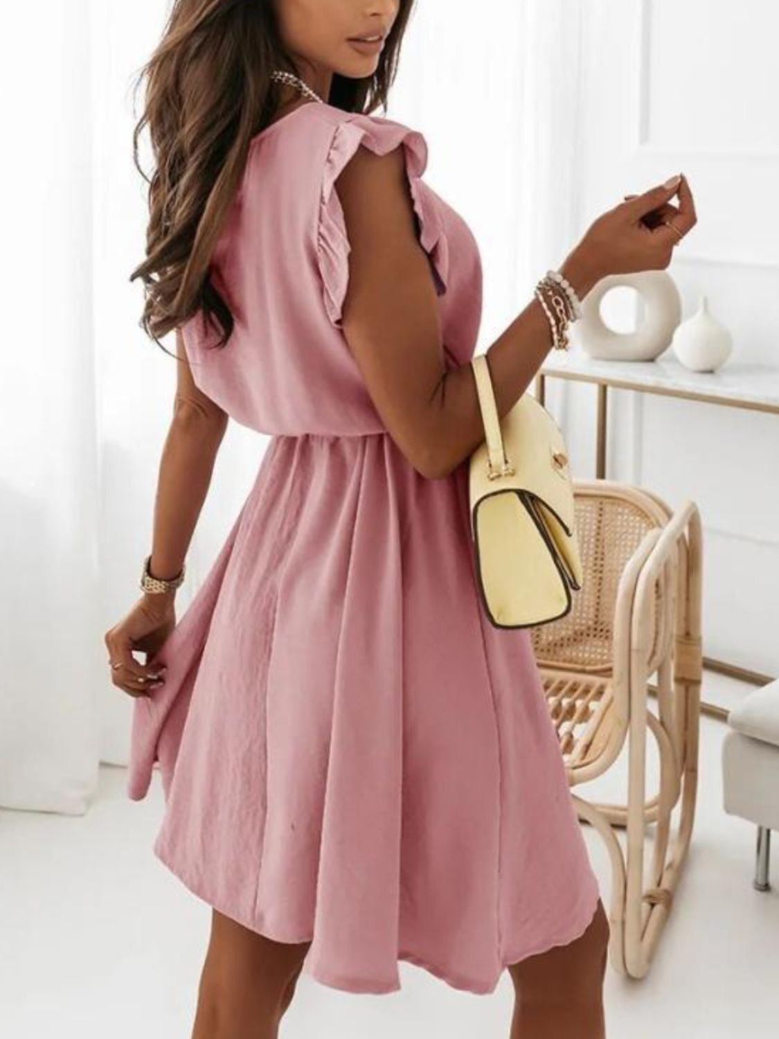 Round Neck Ruffled Cap Sleeve Tie Waist Dress - Smart Shopper