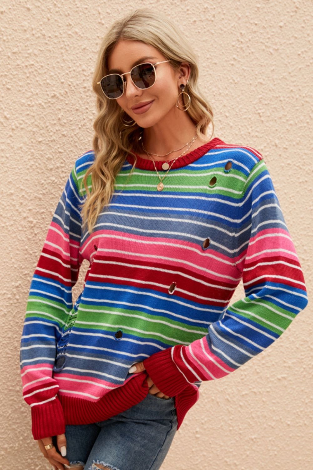 Striped Distressed Cutout Round Neck Sweater - Smart Shopper