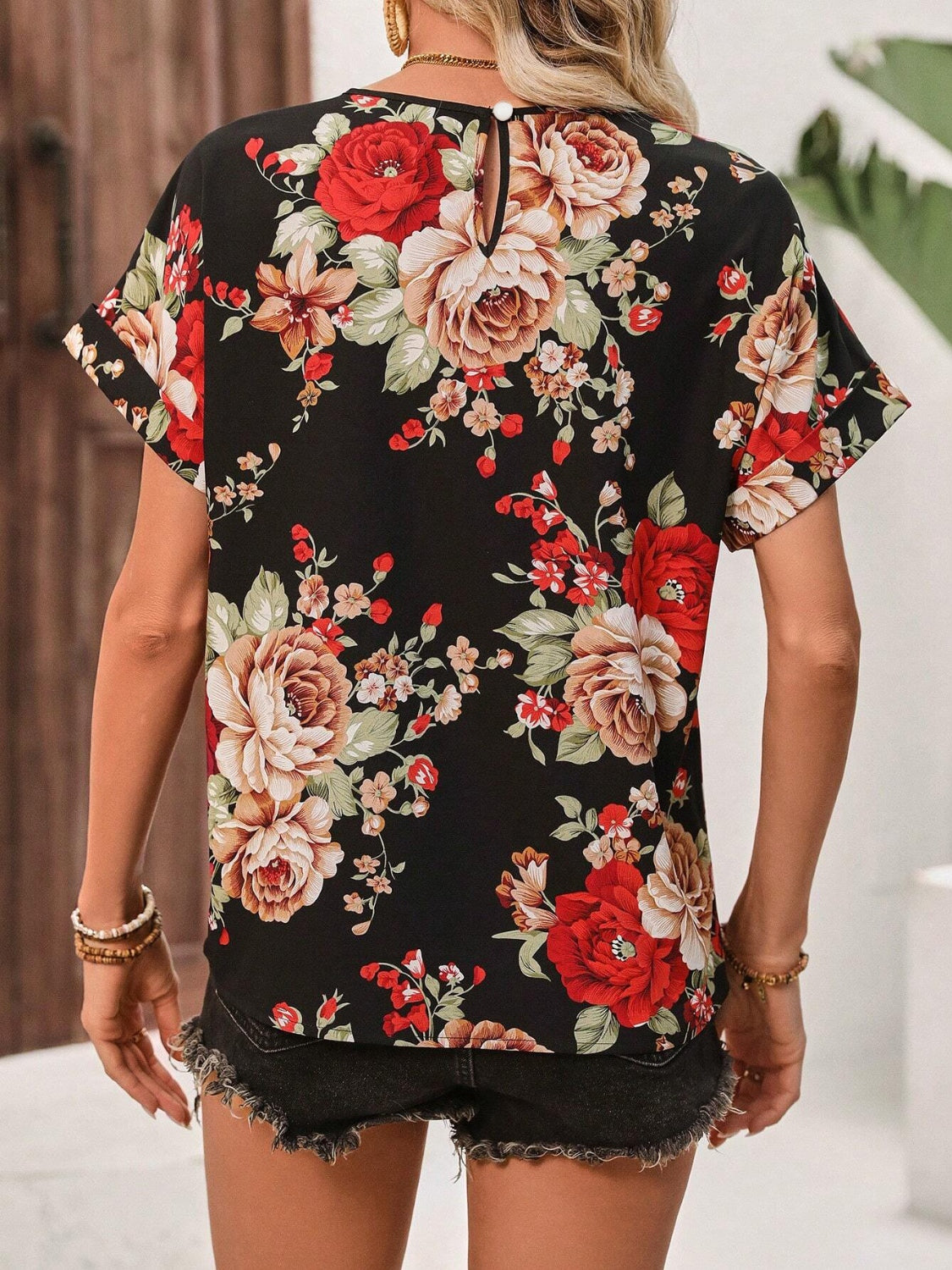 Contrast Round Neck Short Sleeve Blouse - Smart Shopper