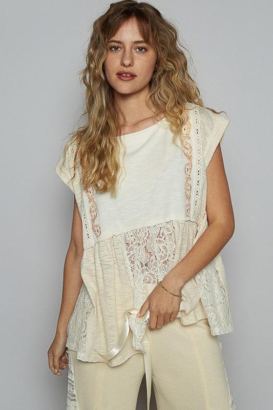 POL Embroidered Detail Boat Neck Cap Sleeve Lace Blouse - Smart Shopper