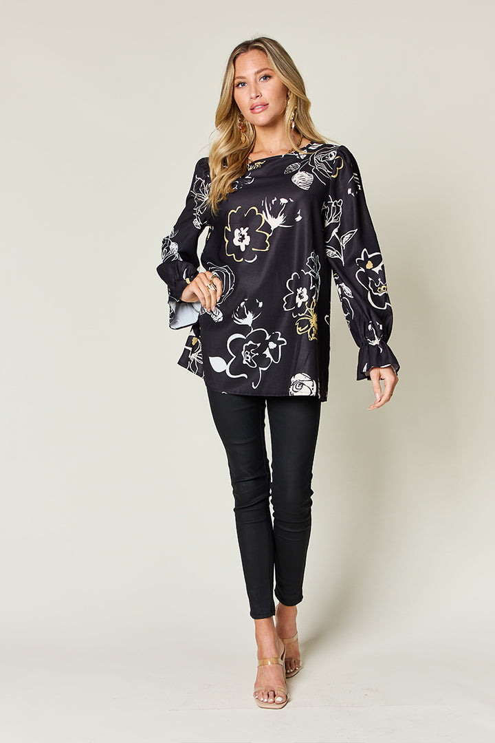 Double Take Full Size Printed Flounce Sleeve Blouse - Smart Shopper