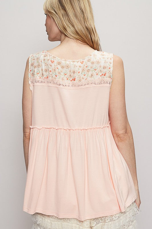 POL Lace Detail Frill Floral V-Neck Sleeveless Top - Smart Shopper