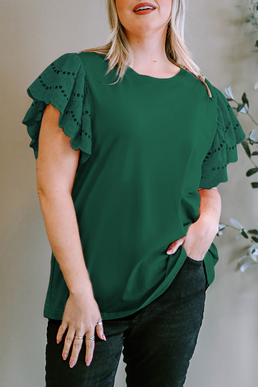 Plus Size Eyelet Round Neck Short Sleeve Blouse - Smart Shopper