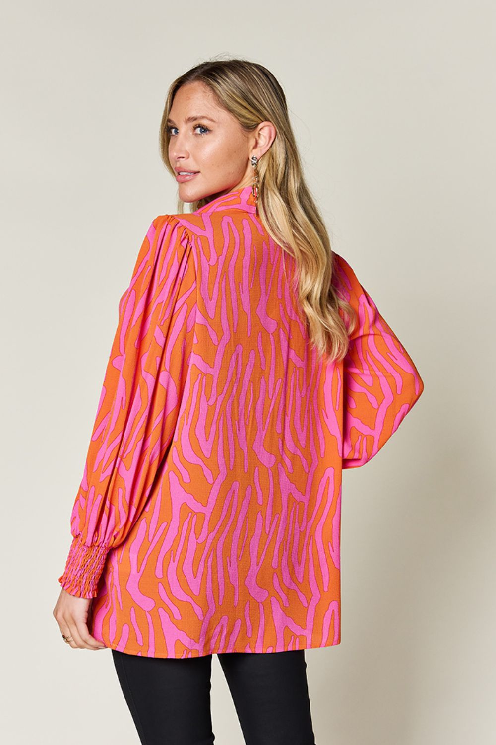 Double Take Full Size Printed Smocked Long Sleeve Blouse - Smart Shopper