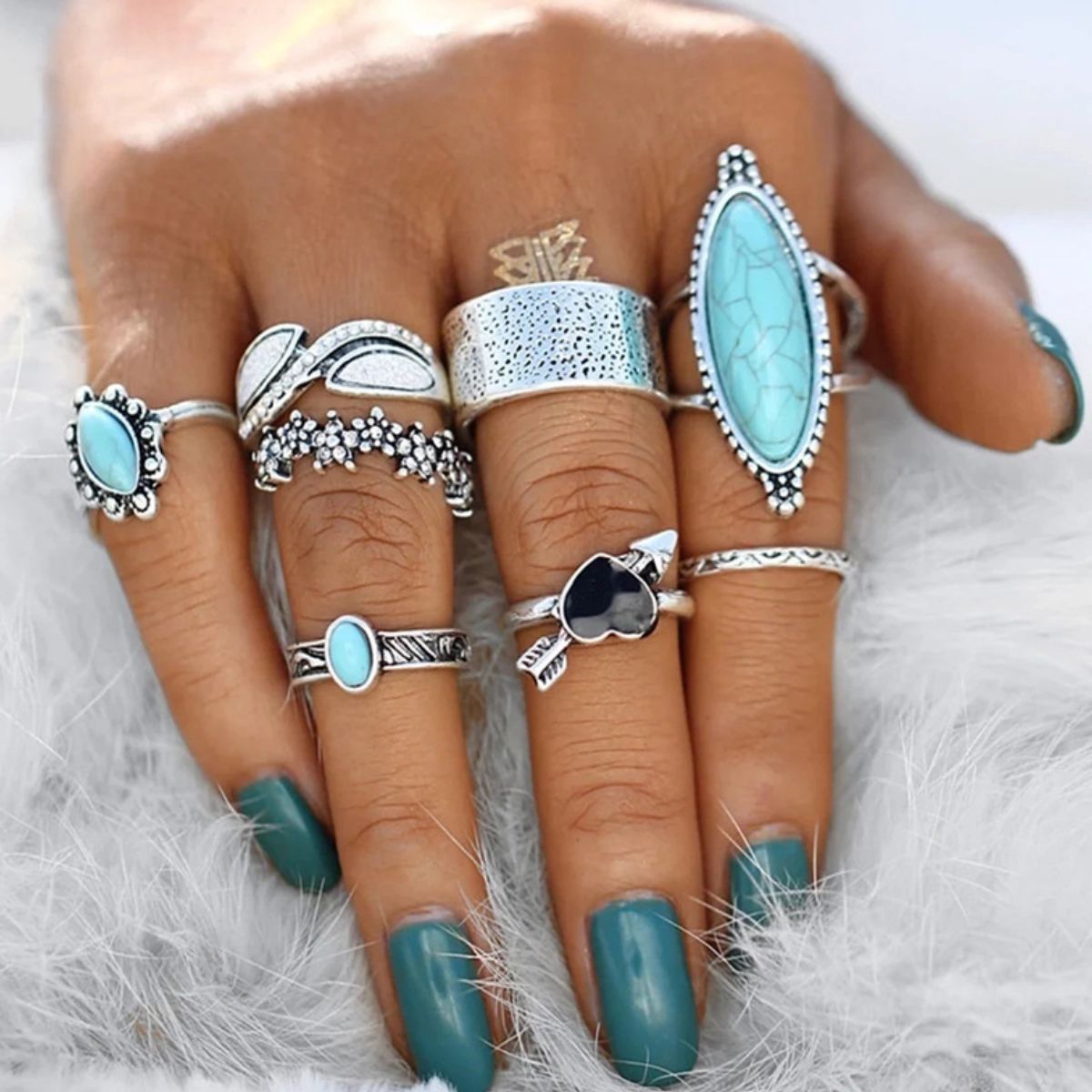 Turquoise Alloy 8-Piece Ring Set - Smart Shopper