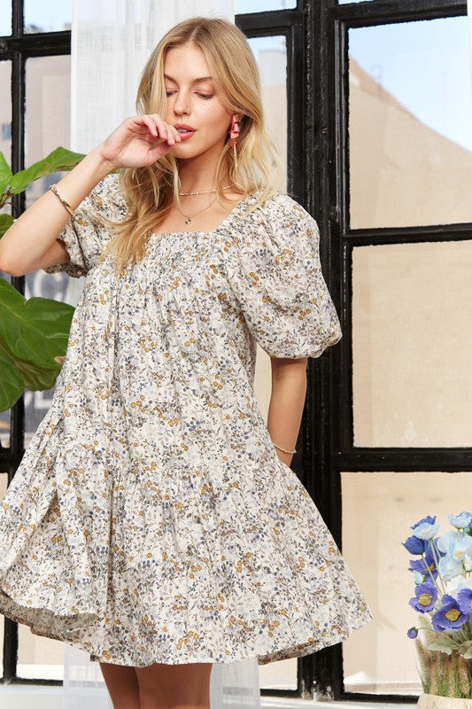 ADORA Floral Square Neck Puff Sleeve Dress - Smart Shopper