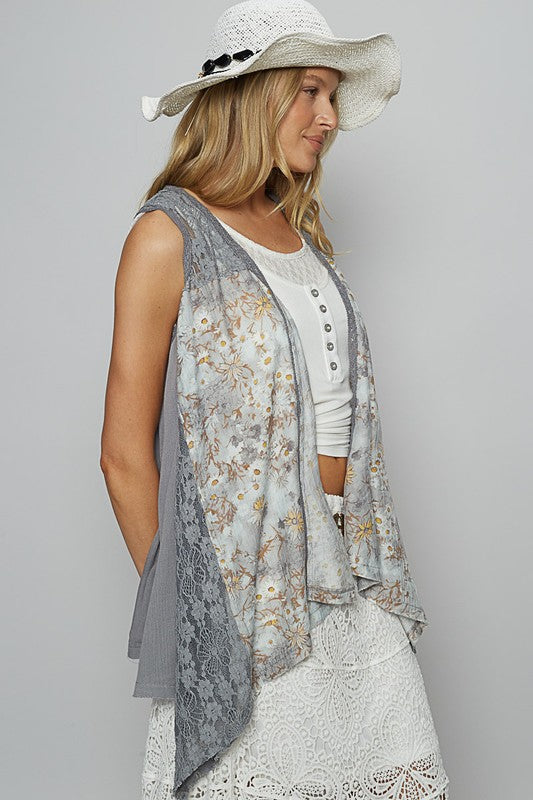 POL Lace Patchwork Floral Open Front Sleeveless Cardigan - Smart Shopper