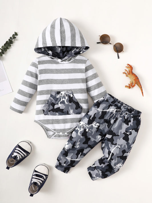 Children's Striped Hooded Bodysuit and Camouflage Pants Set - Smart Shopper